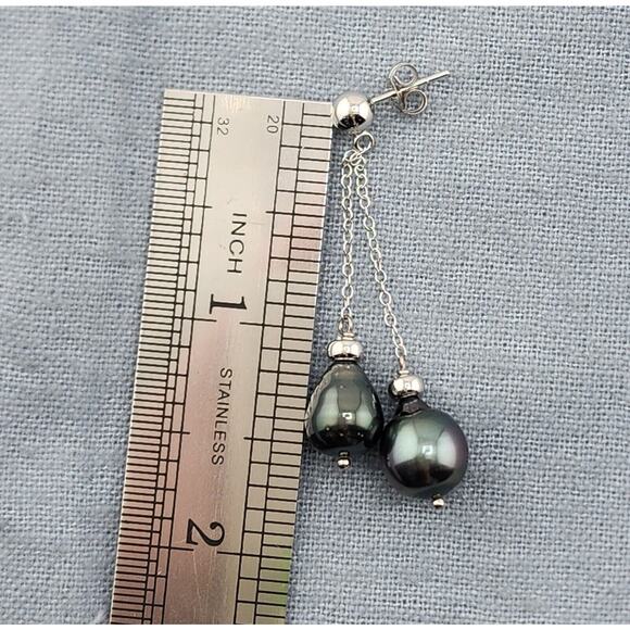 Sterling Silver 8-10mm Black Tahitian Double Pearl Drop Dangle Post Earrings - Picture 5 of 6